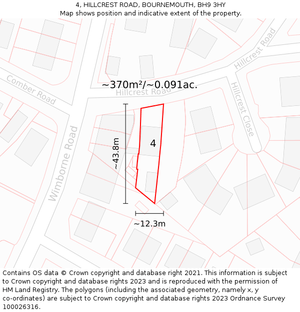 4, HILLCREST ROAD, BOURNEMOUTH, BH9 3HY: Plot and title map