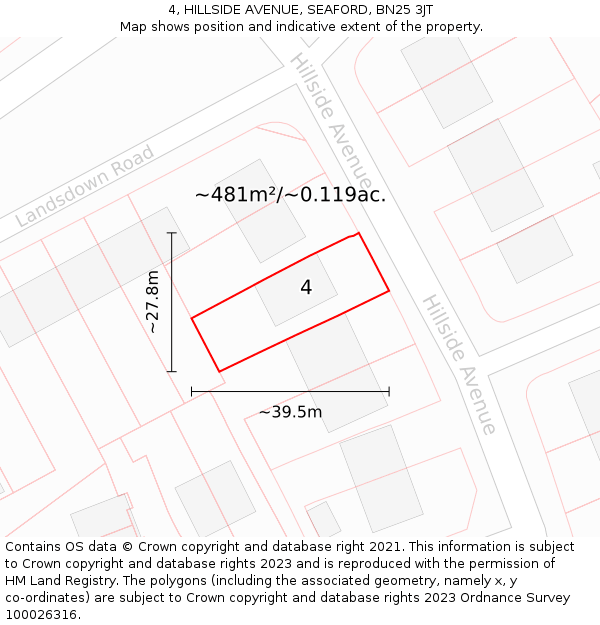 4, HILLSIDE AVENUE, SEAFORD, BN25 3JT: Plot and title map