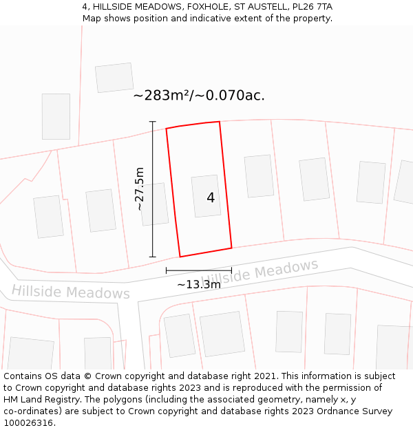 4, HILLSIDE MEADOWS, FOXHOLE, ST AUSTELL, PL26 7TA: Plot and title map