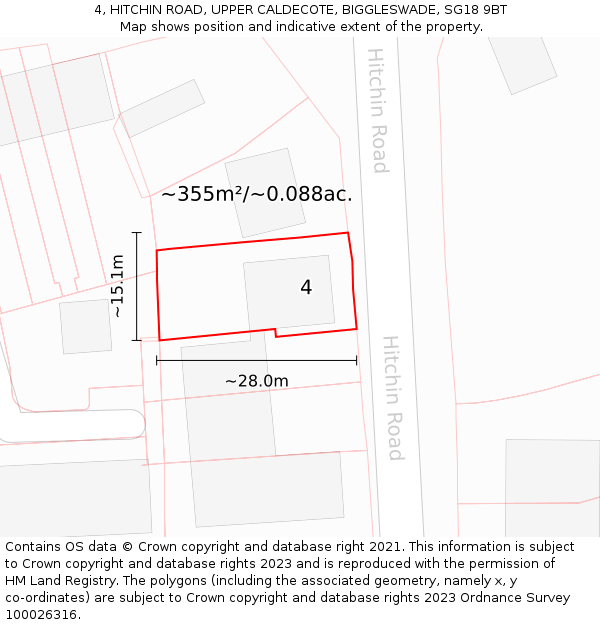 4, HITCHIN ROAD, UPPER CALDECOTE, BIGGLESWADE, SG18 9BT: Plot and title map