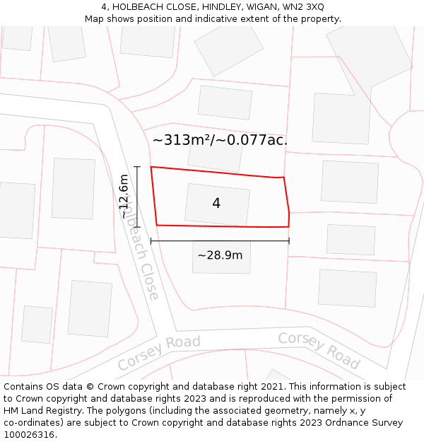 4, HOLBEACH CLOSE, HINDLEY, WIGAN, WN2 3XQ: Plot and title map