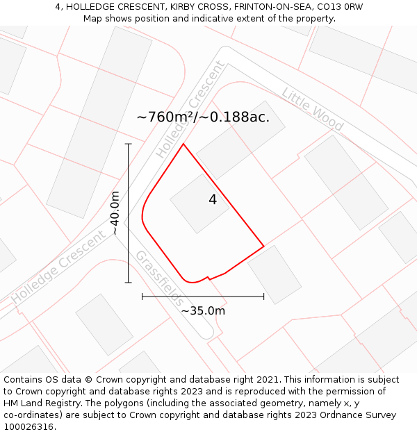 4, HOLLEDGE CRESCENT, KIRBY CROSS, FRINTON-ON-SEA, CO13 0RW: Plot and title map
