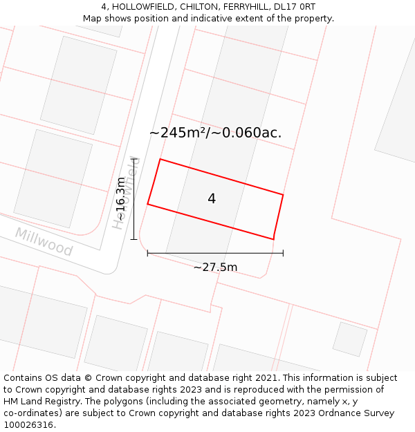 4, HOLLOWFIELD, CHILTON, FERRYHILL, DL17 0RT: Plot and title map