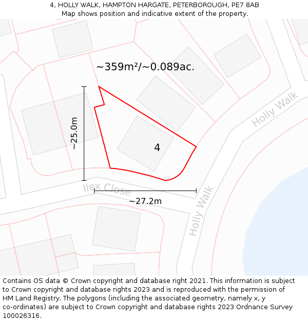 4, HOLLY WALK, HAMPTON HARGATE, PETERBOROUGH, PE7 8AB: Plot and title map