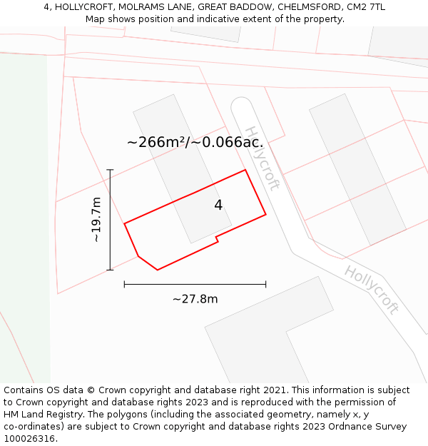 4, HOLLYCROFT, MOLRAMS LANE, GREAT BADDOW, CHELMSFORD, CM2 7TL: Plot and title map