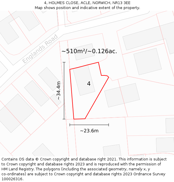 4, HOLMES CLOSE, ACLE, NORWICH, NR13 3EE: Plot and title map