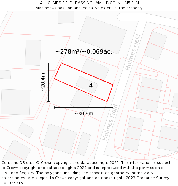 4, HOLMES FIELD, BASSINGHAM, LINCOLN, LN5 9LN: Plot and title map