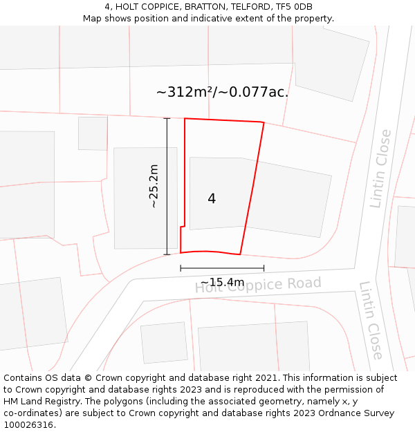 4, HOLT COPPICE, BRATTON, TELFORD, TF5 0DB: Plot and title map