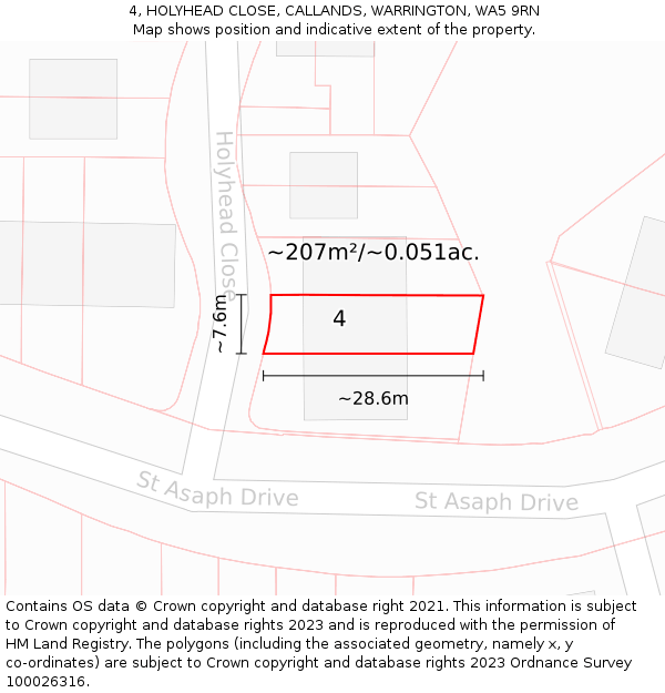 4, HOLYHEAD CLOSE, CALLANDS, WARRINGTON, WA5 9RN: Plot and title map