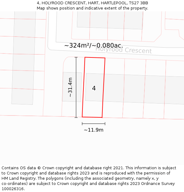 4, HOLYROOD CRESCENT, HART, HARTLEPOOL, TS27 3BB: Plot and title map