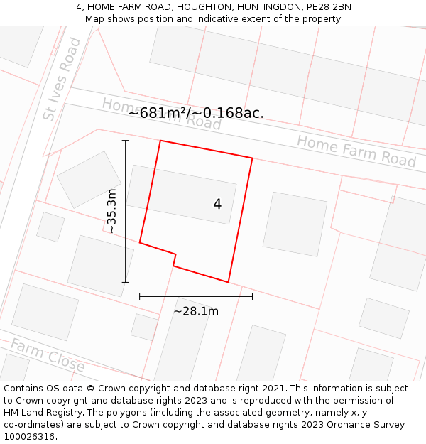 4, HOME FARM ROAD, HOUGHTON, HUNTINGDON, PE28 2BN: Plot and title map