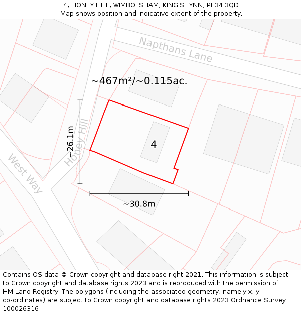 4, HONEY HILL, WIMBOTSHAM, KING'S LYNN, PE34 3QD: Plot and title map