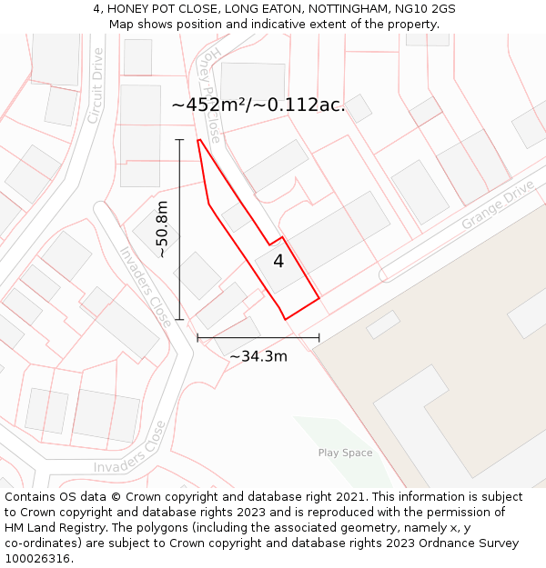 4, HONEY POT CLOSE, LONG EATON, NOTTINGHAM, NG10 2GS: Plot and title map