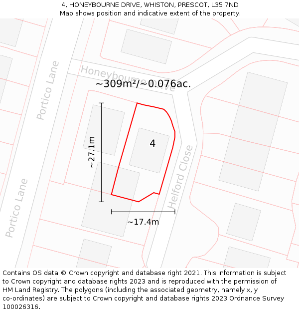 4, HONEYBOURNE DRIVE, WHISTON, PRESCOT, L35 7ND: Plot and title map