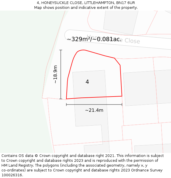4, HONEYSUCKLE CLOSE, LITTLEHAMPTON, BN17 6UR: Plot and title map
