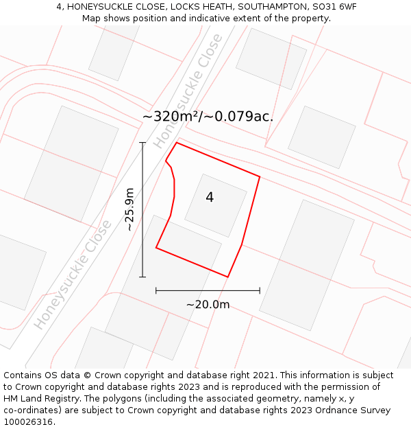 4, HONEYSUCKLE CLOSE, LOCKS HEATH, SOUTHAMPTON, SO31 6WF: Plot and title map