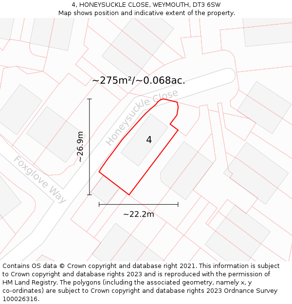 4, HONEYSUCKLE CLOSE, WEYMOUTH, DT3 6SW: Plot and title map