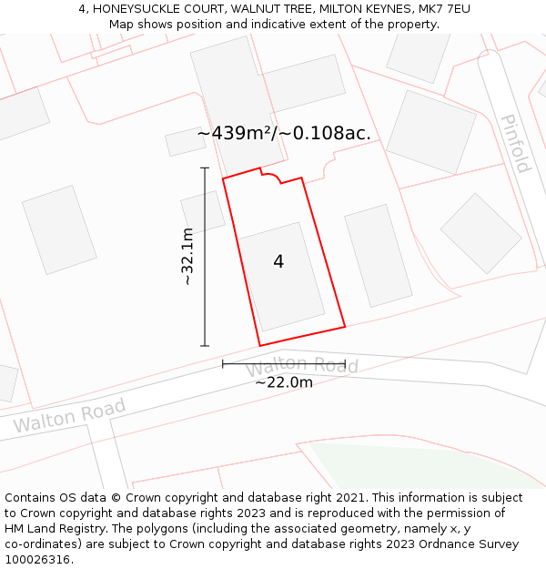 4, HONEYSUCKLE COURT, WALNUT TREE, MILTON KEYNES, MK7 7EU: Plot and title map