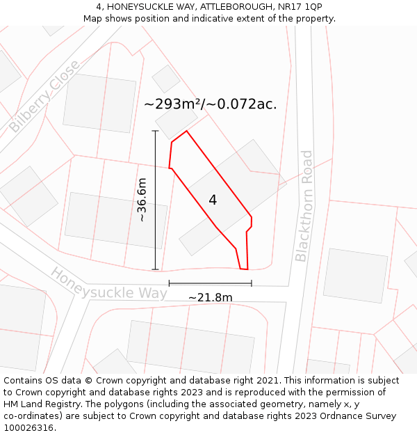 4, HONEYSUCKLE WAY, ATTLEBOROUGH, NR17 1QP: Plot and title map