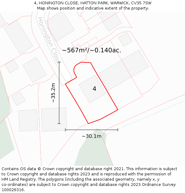 4, HONINGTON CLOSE, HATTON PARK, WARWICK, CV35 7SW: Plot and title map