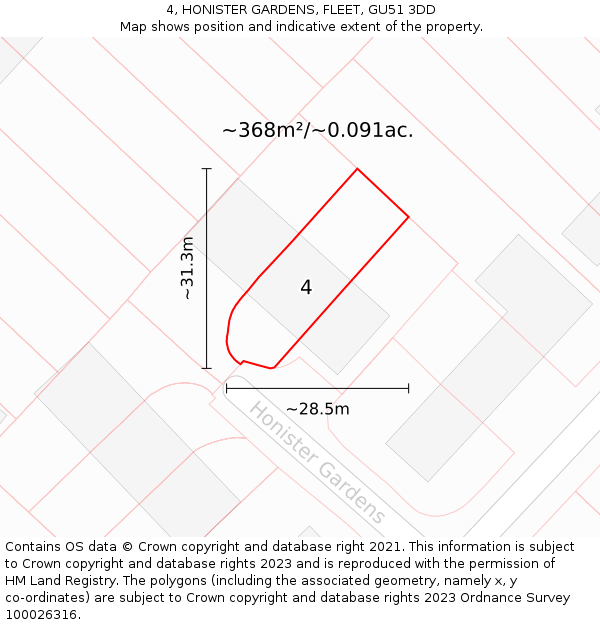 4, HONISTER GARDENS, FLEET, GU51 3DD: Plot and title map