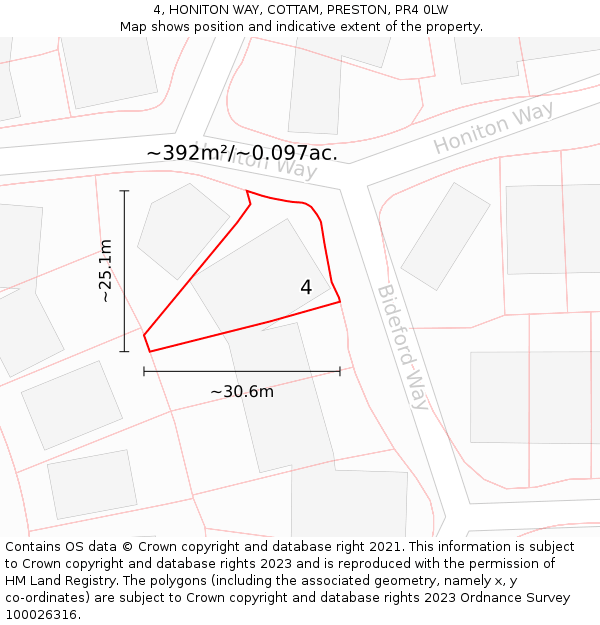 4, HONITON WAY, COTTAM, PRESTON, PR4 0LW: Plot and title map
