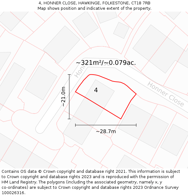 4, HONNER CLOSE, HAWKINGE, FOLKESTONE, CT18 7RB: Plot and title map