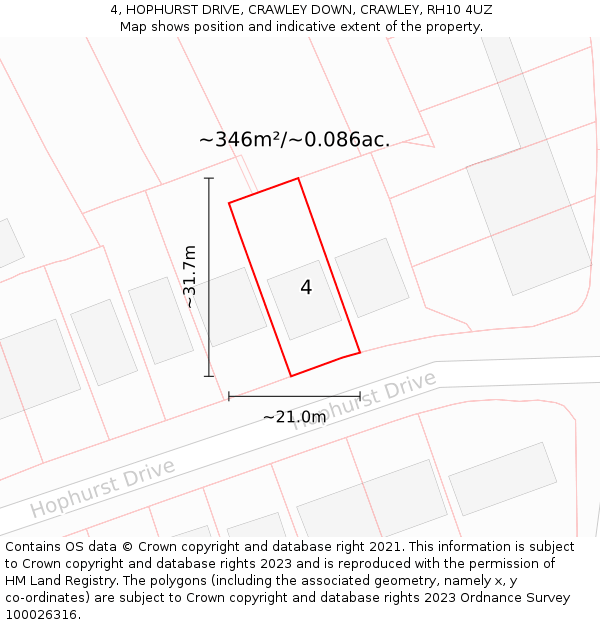 4, HOPHURST DRIVE, CRAWLEY DOWN, CRAWLEY, RH10 4UZ: Plot and title map