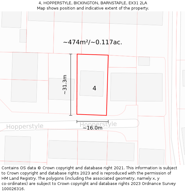 4, HOPPERSTYLE, BICKINGTON, BARNSTAPLE, EX31 2LA: Plot and title map