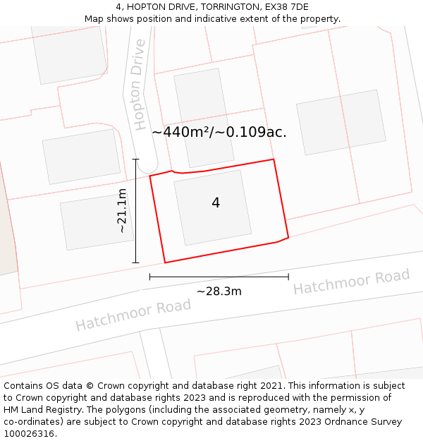 4, HOPTON DRIVE, TORRINGTON, EX38 7DE: Plot and title map