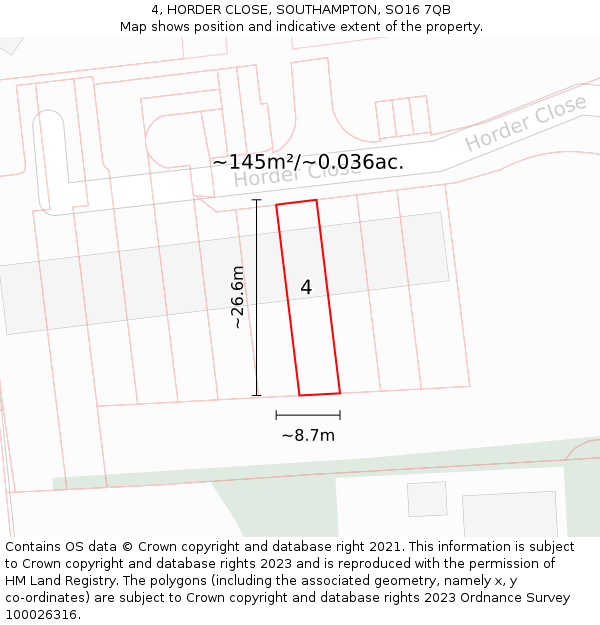 4, HORDER CLOSE, SOUTHAMPTON, SO16 7QB: Plot and title map