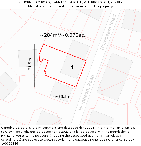 4, HORNBEAM ROAD, HAMPTON HARGATE, PETERBOROUGH, PE7 8FY: Plot and title map