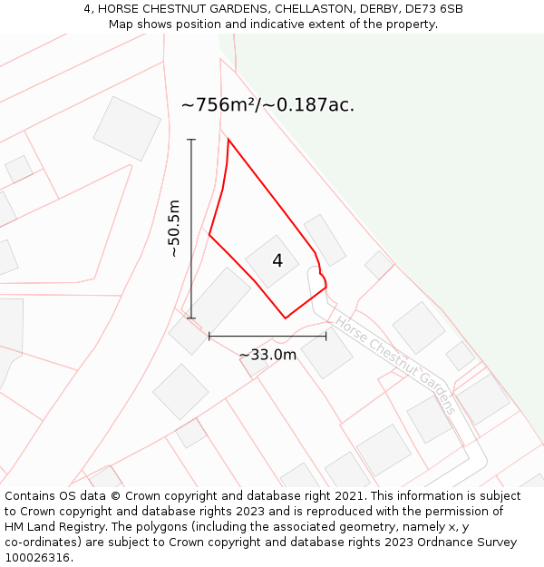 4, HORSE CHESTNUT GARDENS, CHELLASTON, DERBY, DE73 6SB: Plot and title map