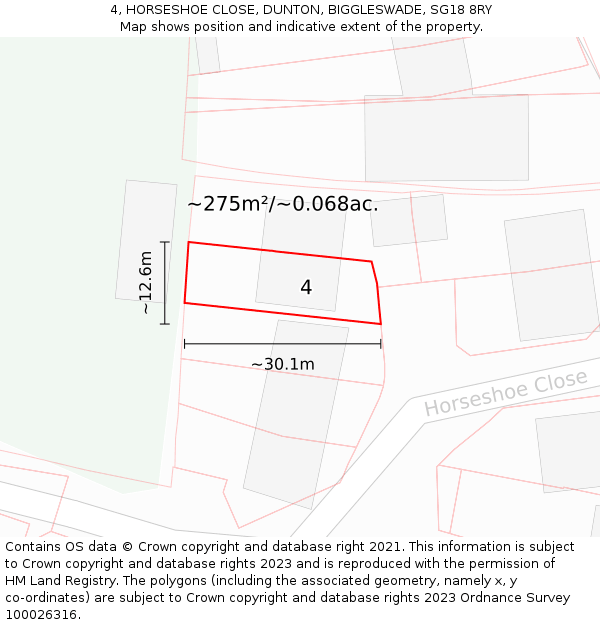 4, HORSESHOE CLOSE, DUNTON, BIGGLESWADE, SG18 8RY: Plot and title map