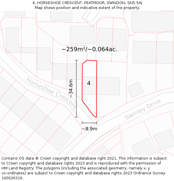 4, HORSESHOE CRESCENT, PEATMOOR, SWINDON, SN5 5AJ: Plot and title map