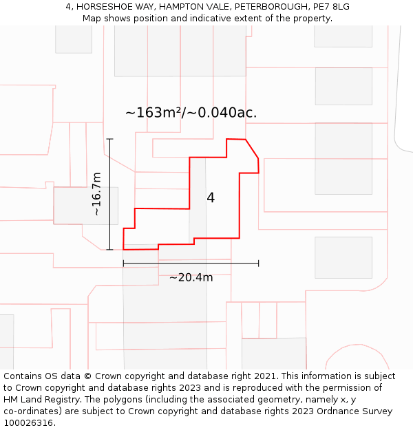 4, HORSESHOE WAY, HAMPTON VALE, PETERBOROUGH, PE7 8LG: Plot and title map