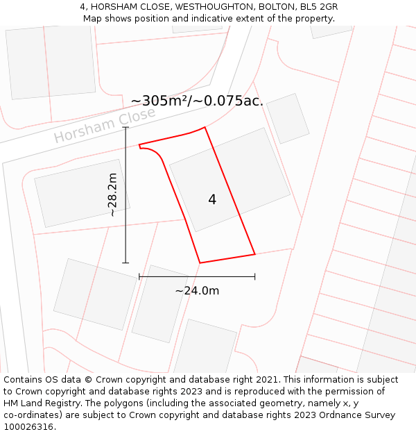 4, HORSHAM CLOSE, WESTHOUGHTON, BOLTON, BL5 2GR: Plot and title map