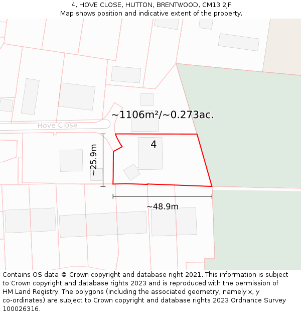 4, HOVE CLOSE, HUTTON, BRENTWOOD, CM13 2JF: Plot and title map