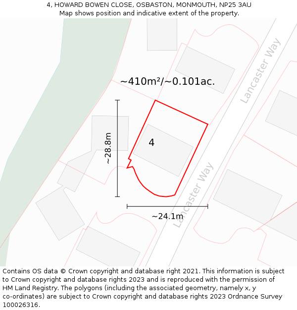 4, HOWARD BOWEN CLOSE, OSBASTON, MONMOUTH, NP25 3AU: Plot and title map