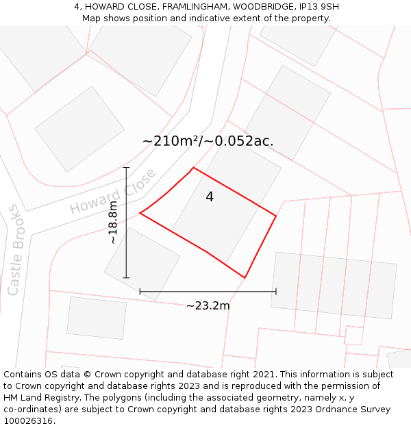 4, HOWARD CLOSE, FRAMLINGHAM, WOODBRIDGE, IP13 9SH: Plot and title map