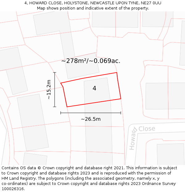 4, HOWARD CLOSE, HOLYSTONE, NEWCASTLE UPON TYNE, NE27 0UU: Plot and title map