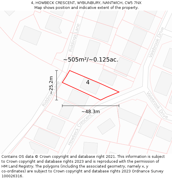 4, HOWBECK CRESCENT, WYBUNBURY, NANTWICH, CW5 7NX: Plot and title map