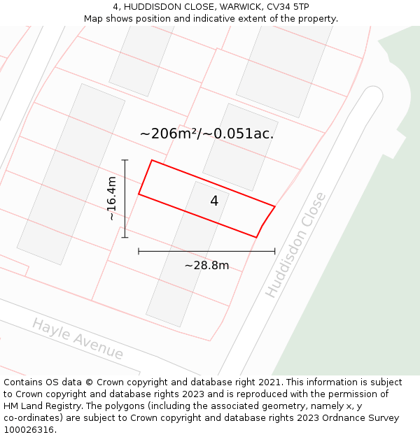 4, HUDDISDON CLOSE, WARWICK, CV34 5TP: Plot and title map