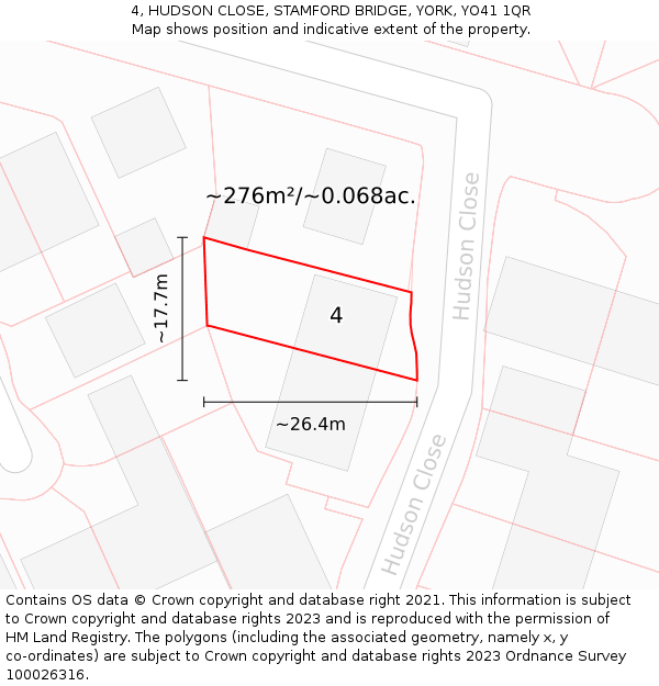 4, HUDSON CLOSE, STAMFORD BRIDGE, YORK, YO41 1QR: Plot and title map