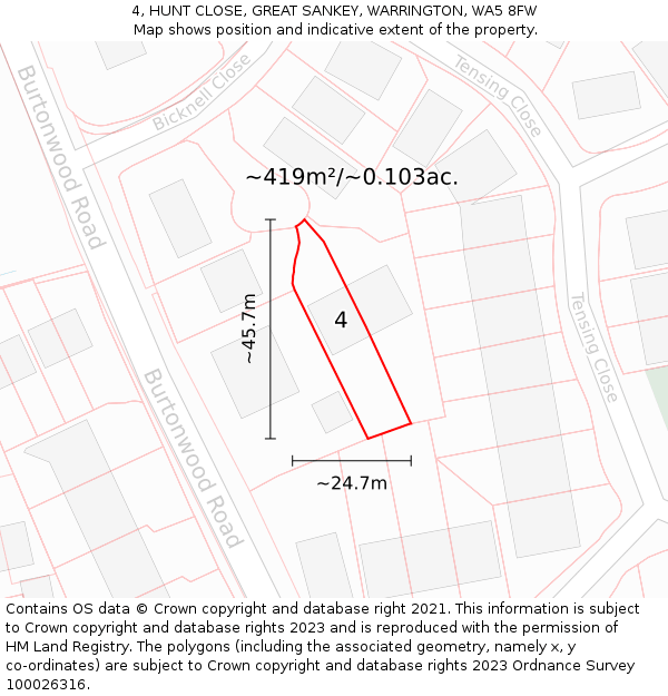 4, HUNT CLOSE, GREAT SANKEY, WARRINGTON, WA5 8FW: Plot and title map