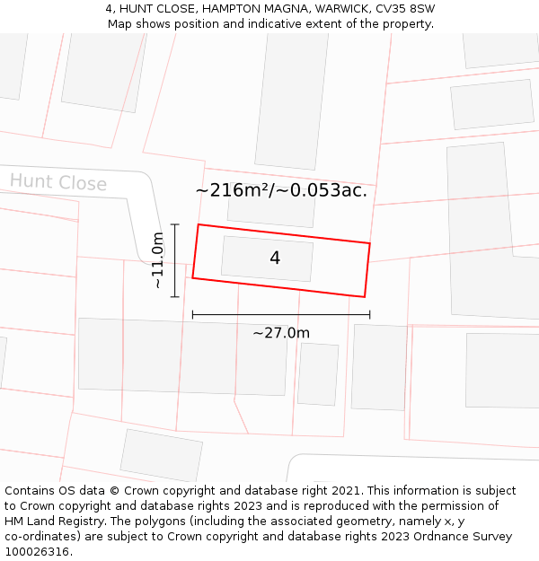 4, HUNT CLOSE, HAMPTON MAGNA, WARWICK, CV35 8SW: Plot and title map