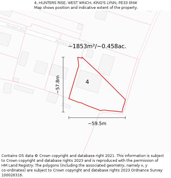 4, HUNTERS RISE, WEST WINCH, KING'S LYNN, PE33 0NW: Plot and title map