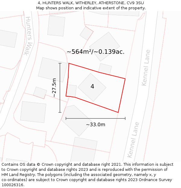 4, HUNTERS WALK, WITHERLEY, ATHERSTONE, CV9 3SU: Plot and title map