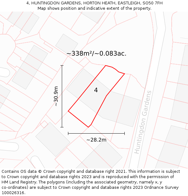 4, HUNTINGDON GARDENS, HORTON HEATH, EASTLEIGH, SO50 7FH: Plot and title map