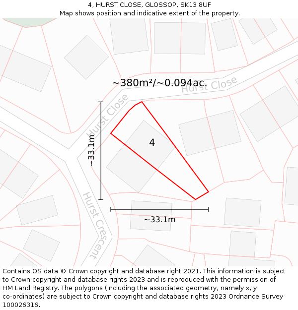 4, HURST CLOSE, GLOSSOP, SK13 8UF: Plot and title map